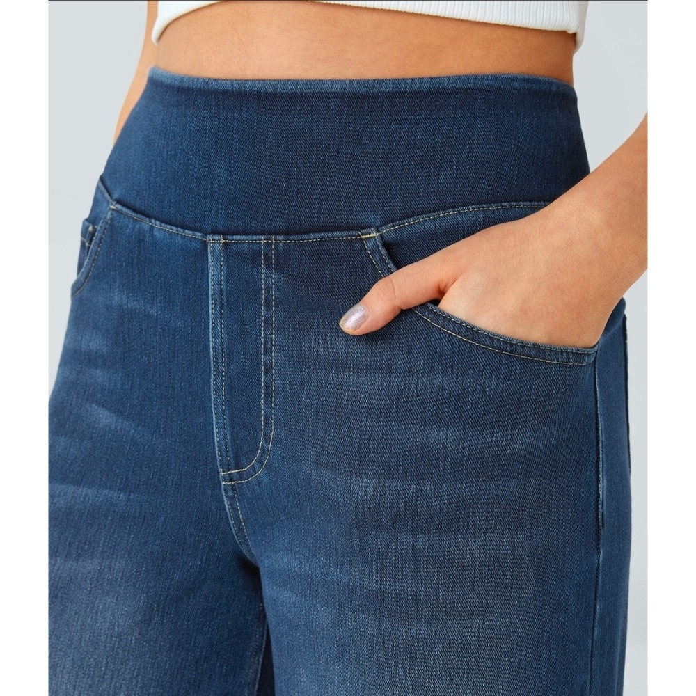 Halara Flex High Waisted Pocket Baggy Wide Leg Washed Casual Jeans Med. Petite - Picture 3 of 6